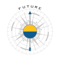 Business concept. Abstract compass points to the future word. Flag of the Ukraine.