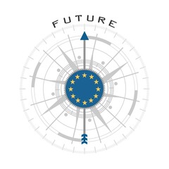 Business concept. Abstract compass points to the future word. Flag of the European Union.