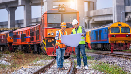 Portrait engineer under inspection and checking construction process railway switch and checking...