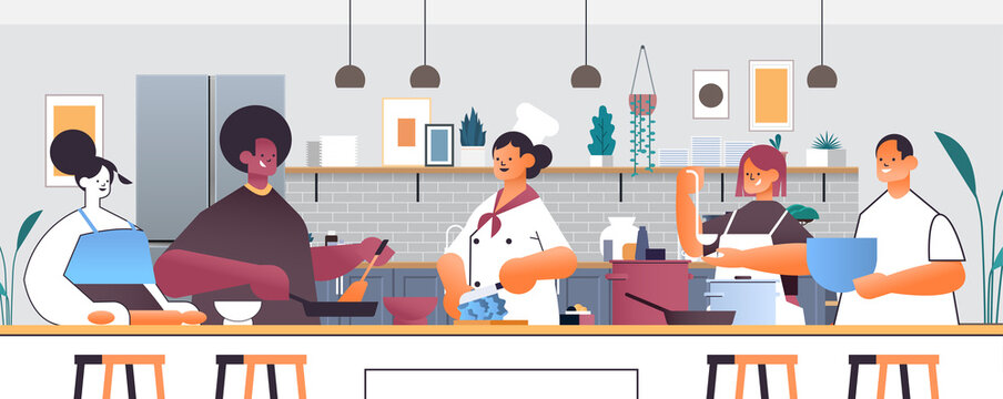 mix race chefs preparing dishes people cooking food culinary school concept kitchen interior horizontal portrait vector illustration