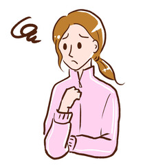 A confused woman wearing gym clothes.