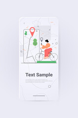 woman riding bike using mobile gps navigation app travel tourism concept full length vertical copy space vector illustration