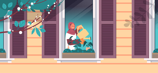 arab woman holding watering can and pouring plants home gardening concept girl taking care of houseplants in house window portrait horizontal vector illustration