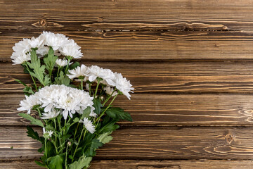 Flat Lay, White Flowers Laying Chrysanthemums on wooden background