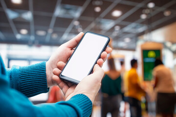 Mockup of a smartphone with a white screen close-up in a person hand, against the background of a restaurant and electronic menu with people.