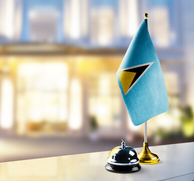 Saint Lucia Flag On The Reception Desk In The Lobby Of The Hotel