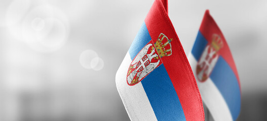 Small national flags of the Serbia on a light blurry background