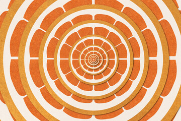 Colorful background, repetitive pattern of orange fruit slices. Expansive from center. Paper texture. Abstract illustration.