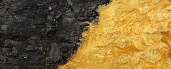 Abstract background of rough black charcoal with swirling gold paint and glitter. Bold contrast of black and gold colors.