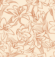 Vector seamless pattern with lily, flowers and leaves line art on vintage pink background. Hand drawn floral repeat ornament of blossoms in clean lines style. 