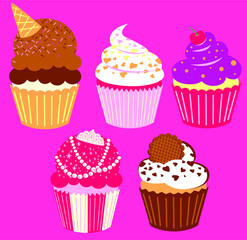 Colorful cupcake with frosting and icing and sprinkles set