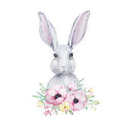 Watercolor illustration of a cute gray and white Easter bunny portrait