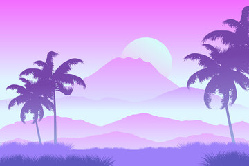 Fototapeta na wymiar Silhouette of mountain and coconut tree in sunrise