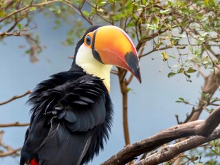 Toucan exotic tropical bird with a giant yellow beak sitting perched on a branch with leaves around it, wildlife animal.