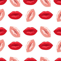 Seamless pattern of colorful lips on a white background. Advertising campaign for an illustration fashion design for Wallpaper, packaging.