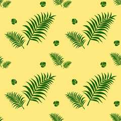 Fototapeta na wymiar Green palm leaves on a yellow background, texture for design, seamless pattern, vector illustration