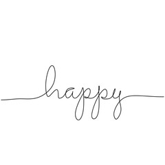 Continuous one line drawing of a "happy" word. Handwritten lettering concept isolated on white background.
