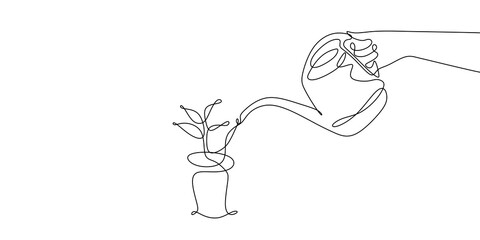 continuous line drawing watering plants isolated on white background. © ngupakarti