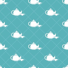 White Teapot and Teacup in the Teal Color Background Vector Seamless Pattern