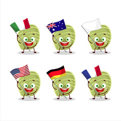 White cabbage cartoon character bring the flags of various countries