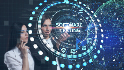 Inscription SOFTWARE TESTING on the virtual display. Business, modern technology, internet and networking concept.