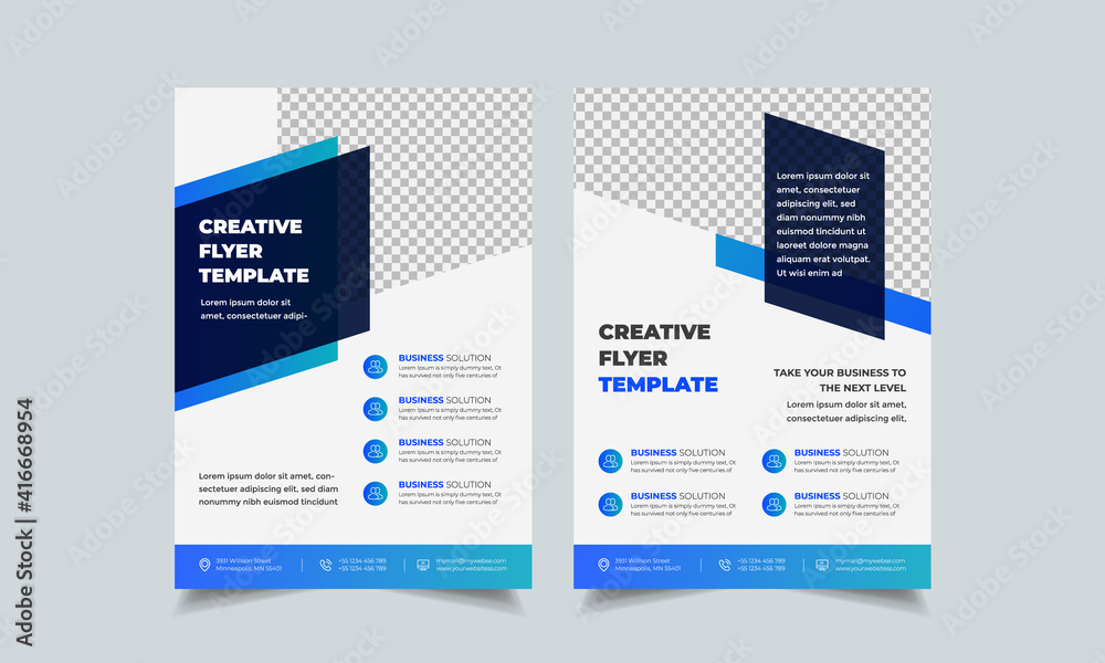 Wall mural set of flyer design layout, geometric business flyer template, complex blue colorful gradient ad in 