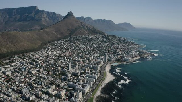 Aerial view of CBD of Cape Town, Western Cape, South Africa, with City bowl, Zonnebloem, Gardens, Oranjezicht, Central Business District, Victoria and Alfred Waterfront and Table Mountain by drone