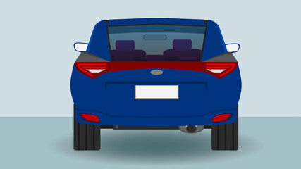 Rear side of cartoon car blue color. alone on blue background with shadow.
