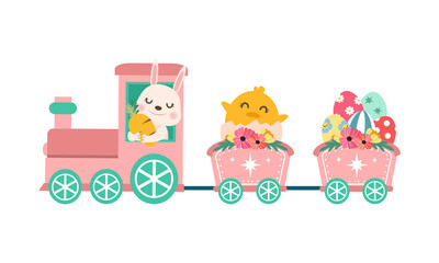 Obraz premium Cute pink easter train with rabbit and chick. Happy Easter celebration card design. Flat vector cartoon