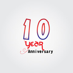 10 years anniversary celebration logotype. anniversary logo with red and blue color isolated on gray background, vector design for celebration, invitation card, and greeting card