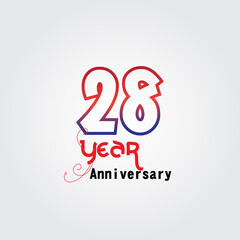 28 years anniversary celebration logotype. anniversary logo with red and blue color isolated on gray background, vector design for celebration, invitation card, and greeting card