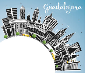 Guadalajara Mexico City Skyline with Color Buildings, Blue Sky and Copy Space.