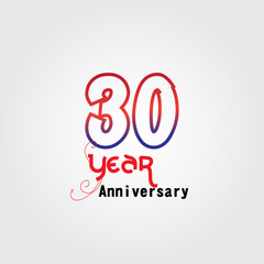 Fototapeta na wymiar 30 years anniversary celebration logotype. anniversary logo with red and blue color isolated on gray background, vector design for celebration, invitation card, and greeting card