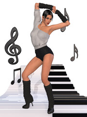 3d illustration of an young woman dancing on a keyboard - obrazy, fototapety, plakaty