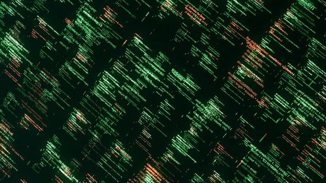 Background of many flying matrix codes. Animation. Green program codes fly and change in matrix space. Program codes on black background