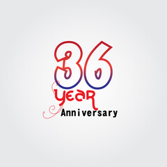 36 years anniversary celebration logotype. anniversary logo with red and blue color isolated on gray background, vector design for celebration, invitation card, and greeting card