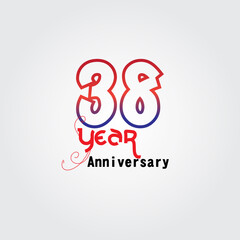 38 years anniversary celebration logotype. anniversary logo with red and blue color isolated on gray background, vector design for celebration, invitation card, and greeting card