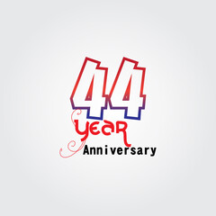 44 years anniversary celebration logotype. anniversary logo with red and blue color isolated on gray background, vector design for celebration, invitation card, and greeting card