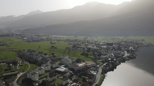 Drone footage of the lakeshores of Arth in the canton of Schwytz, Switzerland. 