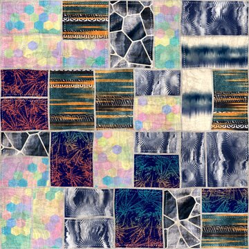 Seamless patchwork collage mix quilt pattern print. High quality illustration. Random selection of small rectangular fabric patterns stitched together digitally into a seamless pattern for print.