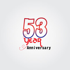 53 years anniversary celebration logotype. anniversary logo with red and blue color isolated on gray background, vector design for celebration, invitation card, and greeting card