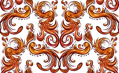 Vintage phoenix seamless pattern with curls and feathers. Wallpaper of orange birds with tails and wings on a white background. Bird damask fabric.
