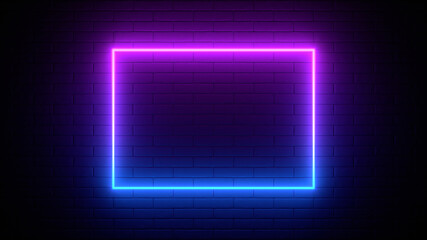 Neon sign on a brick wall. Glowing purple rectangle. Abstract background, spectrum vibrant colors. 3d render illustration.