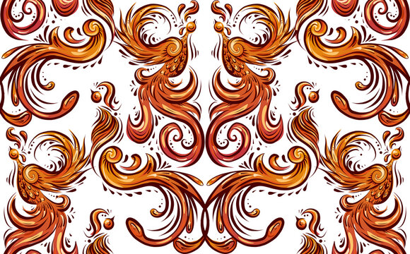 Vintage Phoenix Seamless Pattern With Curls And Feathers. Wallpaper Of Orange Birds With Tails And Wings On A White Background. Bird Damask Fabric.