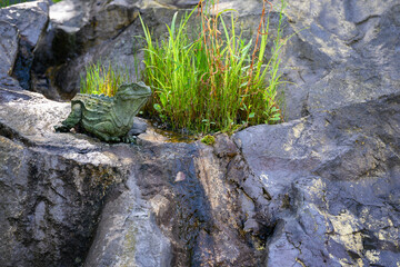 Plastic figurine of a green lizard near the grass on a rock.