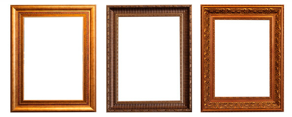 Set of gilded antique picture frames isolated on white background.