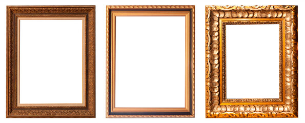 Set of gilded antique picture frames isolated on white background.