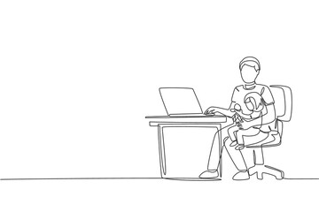 Fototapeta na wymiar Single continuous line drawing of young dad siting on sofa and holding his daughter while typing on laptop, work from home. Happy family parenting concept. One line draw design vector illustration