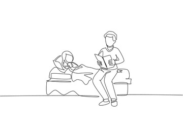 One continuous line drawing of young dad siting on bed room and reading story book to his daughter before sleeping. Happy family parenthood concept. Dynamic single line draw design vector illustration