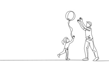One single line drawing of young dad playing throw beach ball with his daughter at home vector illustration. Happy family parenting concept. Modern continuous line graphic draw design